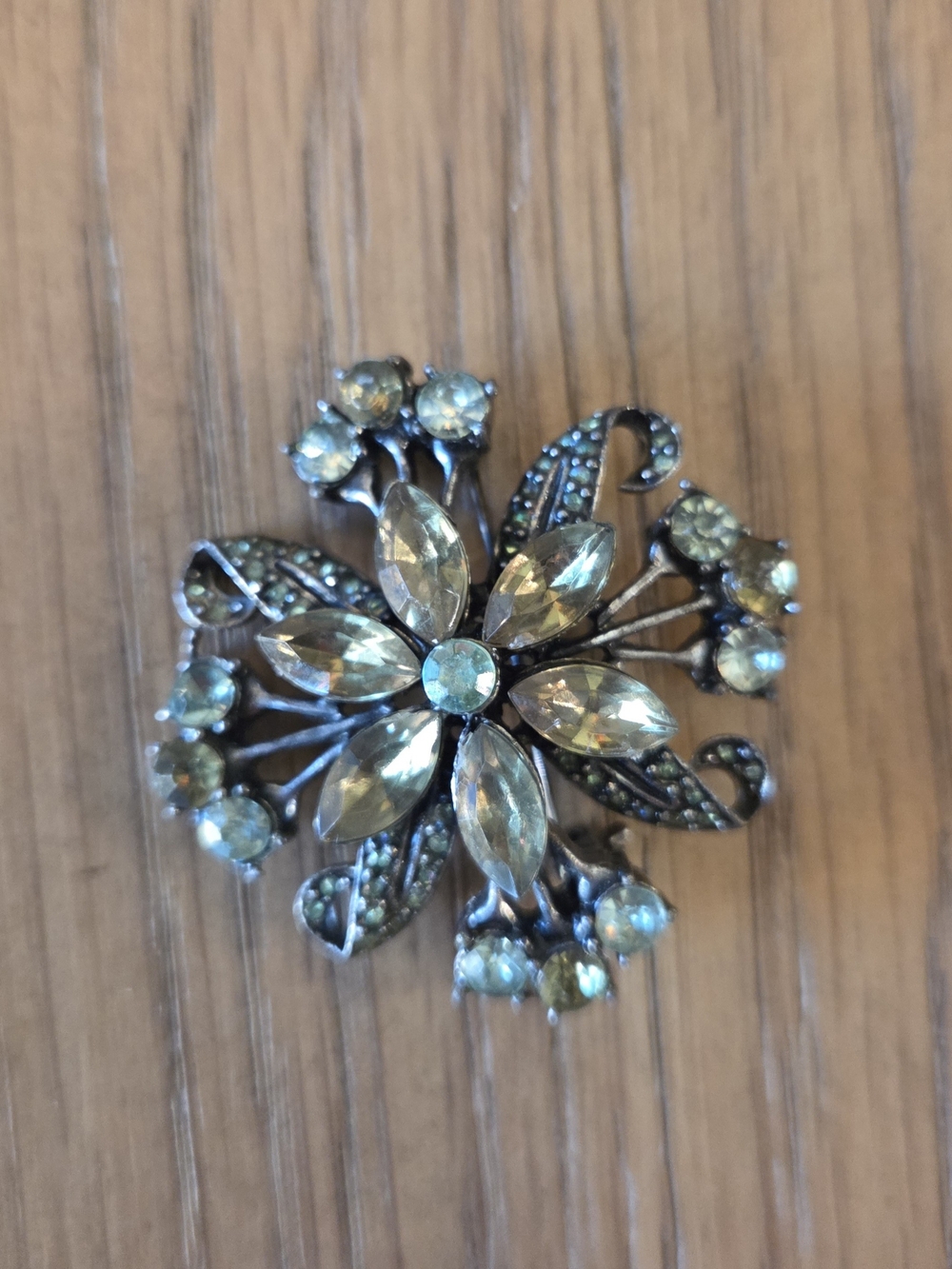 Vintage Green Rhinestone Floral Brooch
